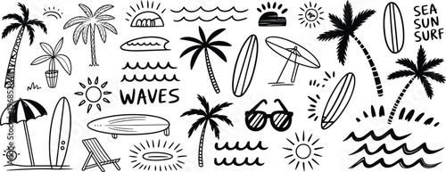 Hand Drawn Beach and Surf Doodle Icon Set, Tropical Vector Illustration with Palm Trees, Waves, Surfboards and Sun for Summer Design, T-shirt Prints, Posters and Coastal Graphics