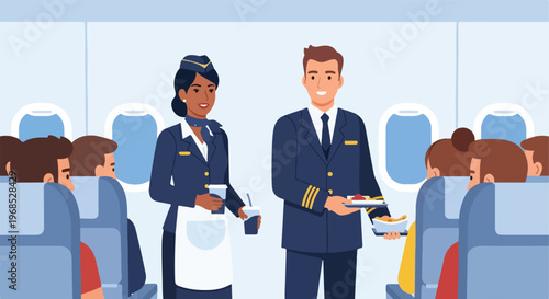 Flight attendant and pilot serving food and drinks to passengers on an airplane