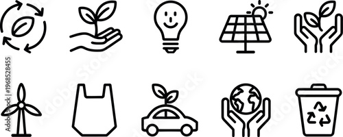 Collection of diverse ecofriendly icons representing sustainability and green initiatives