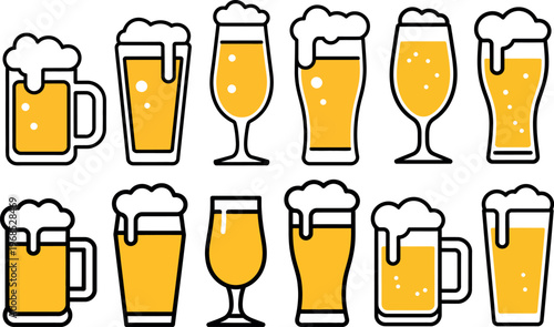 Collection of diverse flat design beer glasses filled with golden liquid and frothy foam isolated on white