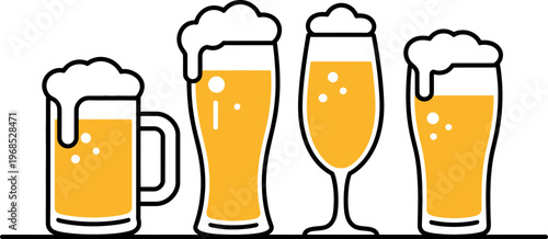 Collection of diverse beer glasses filled with frothy yellow liquid and bubbles isolated on transparent background