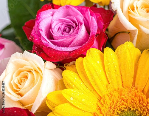 Colorful close up of roses and yellow daisy flowers.