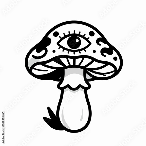 Single surreal psychedelic mushroom with an eye, minimalist black and white flat vector illustration, trippy organic fungi line art, isolated on white background for creative design projects