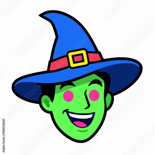 Flat vector illustration of a single grinning green witch head wearing a blue pointed hat, spooky Halloween character with a smiling expression and pink eyes, isolated on white background.