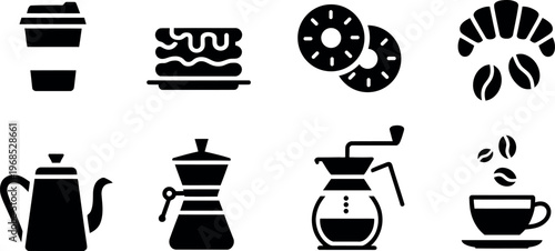 Collection of stylized black icons representing various coffeerelated items and pastries isolated on transparent background