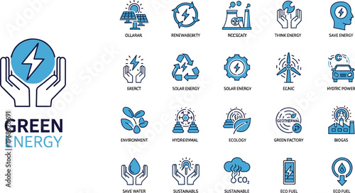 Green energy and renewable power icon set in flat style featuring solar wind eco sustainability and clean technology concepts for environmental design