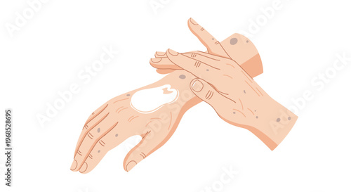 A pair of hands with age spots gently rub a white cream blob onto the back of one hand against a white background.