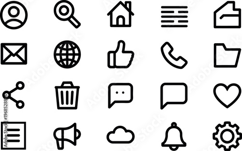 Collection of twenty universal black line art icons representing common digital interface elements and actions