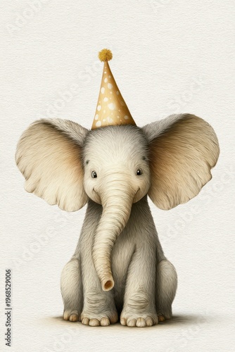 Cheerful elephant celebrates in party hat joyfully