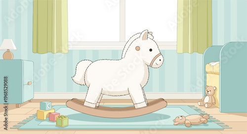 A white toy rocking horse sitting on a blue rug inside a nursery playroom scene
