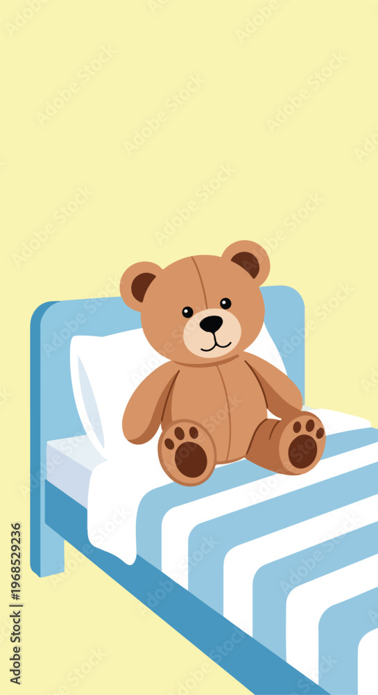 Obraz premium A cute brown stuffed teddy bear sitting upright on a small blue striped bed