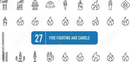 Fire safety and candle flame outline icon set featuring firefighting equipment warning symbols and burning fire elements