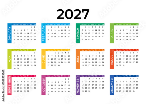 Vector Calendar 2027 Year Template Colorful Monthly Planner Layout with Bright Labels and Clean Grid Design