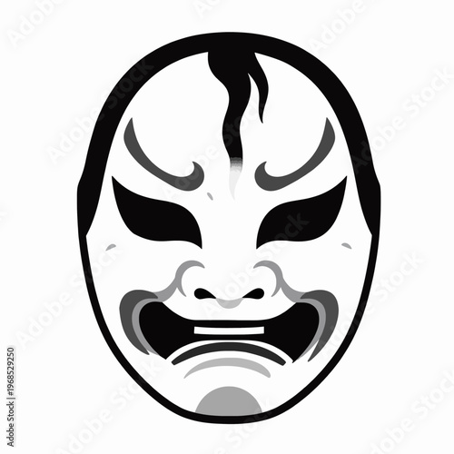 Traditional Japanese Hannya Mask Vector Illustration, Single Demon Folklore Graphic with Stylized Ink Split, Minimalist Black and White Asian Culture Concept Isolated on White Background