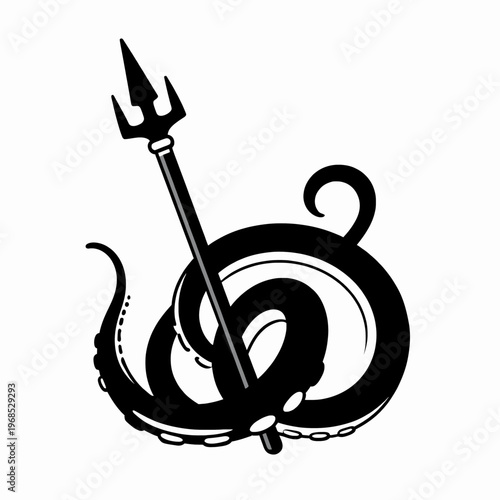 Flat vector illustration of a single mythical kraken tentacle coiled around a nautical trident, Greek god Poseidon weapon concept, sea monster attack isolated on white background