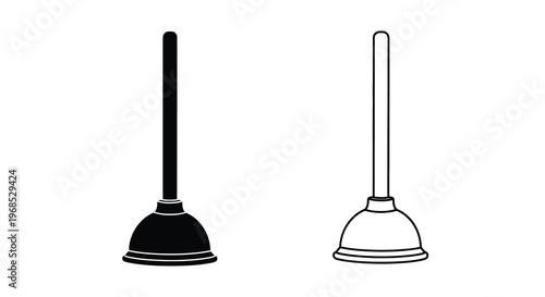 Two plungers depicted in contrasting black and white line art styles