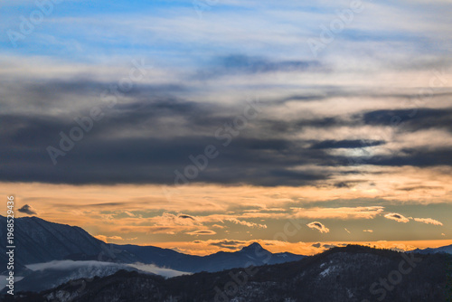 Sunset in the mountains of Como lake,  with the Grona peak on the horizon, Lombardy landscape , Italy