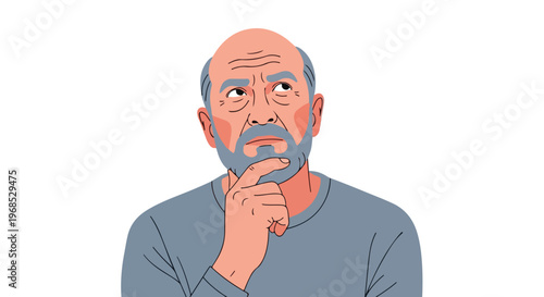 A thoughtful elderly man with a grey beard looks upward while resting his chin