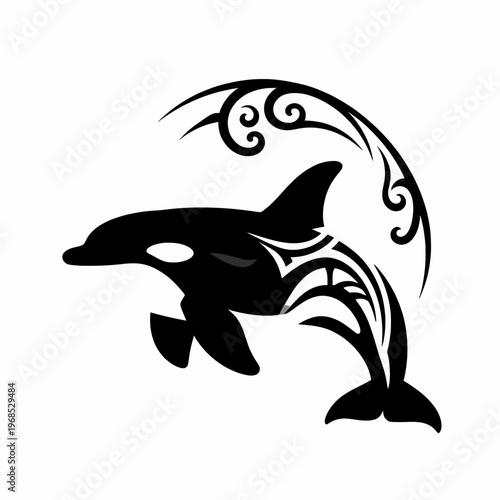 Tribal Orca Vector Illustration, Minimalist Black Tattoo Style Killer Whale Graphic, Silhouette of a Single Leaping Sea Creature with Intricate Swirls and Bold Lines, Isolated on White Background