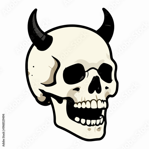 Flat vector illustration of a single demonic human skull with devil horns and open jaw, vintage linocut style artwork featuring a gritty screaming skeleton head isolated on white background.