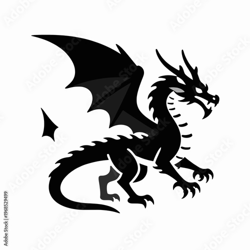 Single black mythical dragon flying in a dynamic pose, flat vector illustration of a powerful fantasy creature with sharp wings and a spiked tail, isolated on white background for design