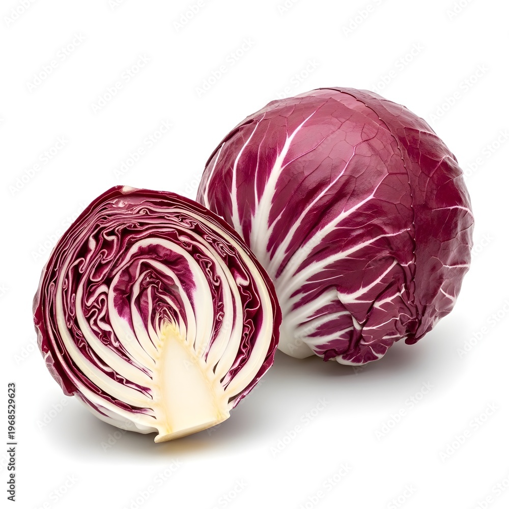Fototapeta premium Whole radicchio beside one cut half showing purple-white veins, isolated white background