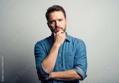 Thoughtful man pondering with hand on chin with his expression suggests contemplation, problem-solvi