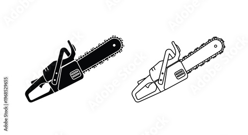 Two black and white illustrations of a gas powered chainsaw