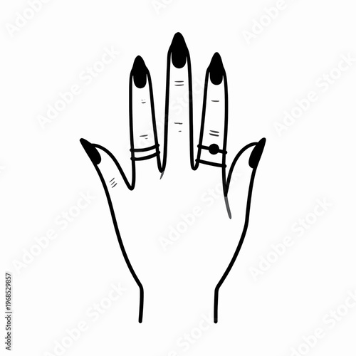 Minimalist black and white flat vector illustration of a single mystical hand with long pointed nails and rings, representing a witch or gothic character, isolated on white for magic concept.