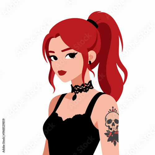 Flat vector illustration of a rebellious young white woman with red hair and tattoos, wearing a black lace choker and tank top, portraying a confident gothic aesthetic, isolated on white background