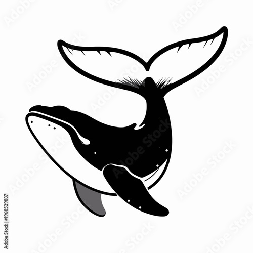 Minimalist flat vector illustration of a single breaching whale tail, maritime ocean concept with bold black ink lines and woodcut style, isolated on white background for nautical design.