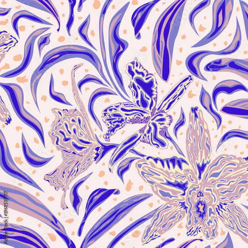 Blue Art Nouveau Orchid Seamless Floral Pattern