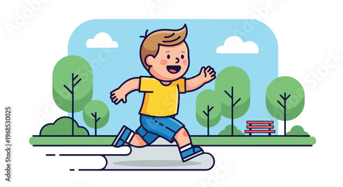 A happy young boy in a yellow shirt and blue shorts running through a park