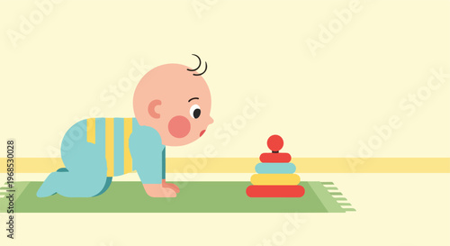A cute cartoon baby crawls on a green mat while playing with a stacking toy