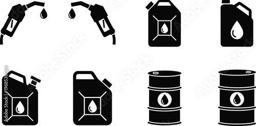 Fuel and oil silhouette icon set with gasoline nozzle jerry can containers and barrels for petroleum industry and energy supply design
