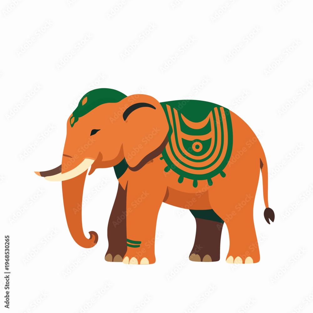 Fototapeta premium Flat vector illustration of a single ornate Sri Lankan elephant, South Asian cultural symbol with decorative patterns, standing peacefully, minimalist art, orange and green tones, cultural concept