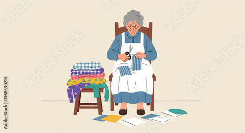 An elderly woman sitting in a chair cutting fabric pieces with small scissors