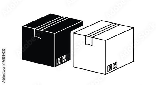 Two cardboard boxes one black and one white are shown in a minimalist style