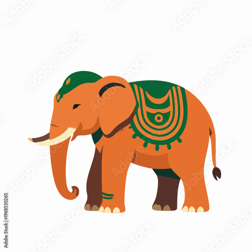 Flat vector illustration of a single ornate Sri Lankan elephant, South Asian cultural symbol with decorative patterns, standing peacefully, minimalist art, orange and green tones, cultural concept