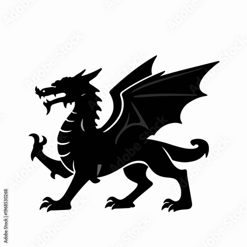 Minimalist Black Heraldic Dragon Vector Illustration, Mythical Creature Silhouette Isolated on White, Flat Design Graphic of a Powerful Red Dragon Inspired Beast for Logo and Fantasy Concept Art