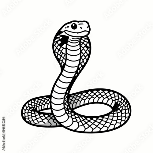 Minimalist black and white flat vector illustration of a single coiled rattlesnake with detailed scales and stippling texture, isolated on white background for nature and wildlife concept designs.