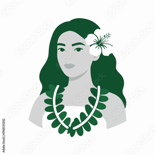 A beautiful young adult Indigenous Polynesian woman wearing a tropical hibiscus flower and a traditional leaf lei, smiling with a positive mood, flat vector illustration on a white background.