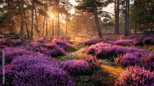 Purple Blossom and Sunshine in the Forest: A vibrant meadow is covered in a sea of blooming purple flowers, with sunlight streaming through the trees, creating a stunning scene of natural beauty.