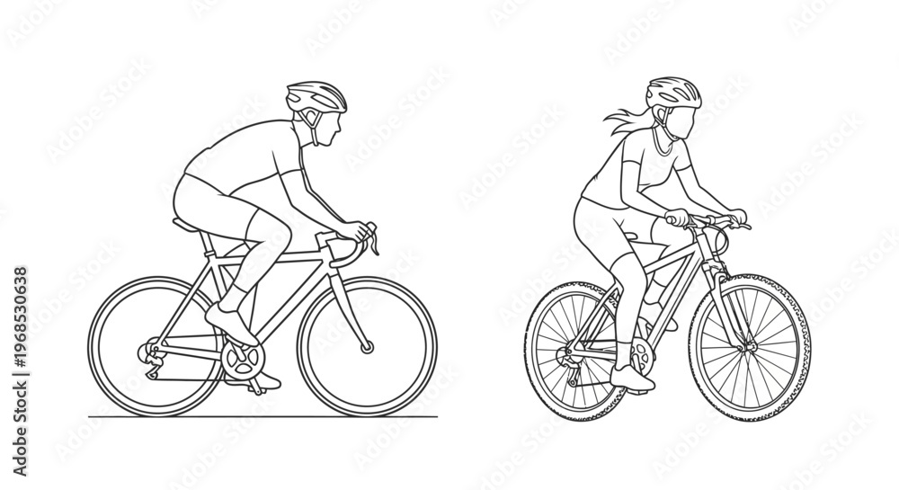 Fototapeta premium Line drawing of a male and female cyclist riding bicycles side by side