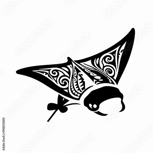 Single Manta Ray in Polynesian Tribal Tattoo Style, Flat Vector Illustration of an Indigenous Oceanic Sea Creature with Intricate Black Geometric Patterns, Isolated on White Background