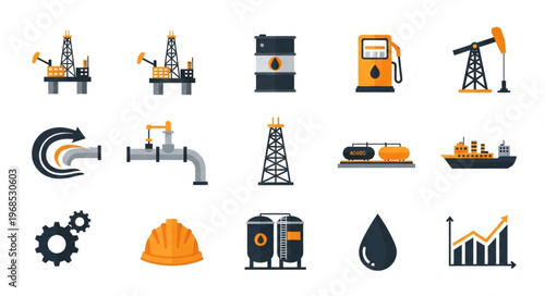 Oil and Gas Industry Icons - Offshore Platforms, Barrels, and Equipment.