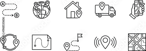 A set of line art design vector icons illustrating navigation and location concepts