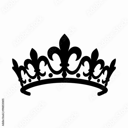 Elegant Black Flat Vector Illustration of a Single Ornate Royal Tiara with Filigree Swirls and Fleur-de-lis Motifs, Minimalist Jewelry Icon for Wedding and Queen Concepts, Isolated on White