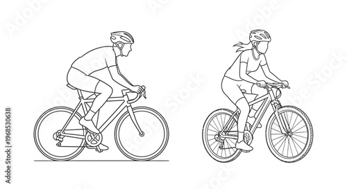 Line drawing of a male and female cyclist riding bicycles side by side
