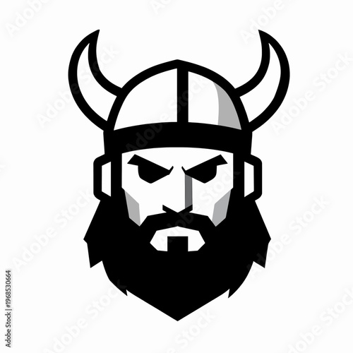 Minimalist flat vector illustration of a single White adult male Viking warrior head, Norse chieftain with a thick beard and stern expression, mythological warrior concept, isolated on white.